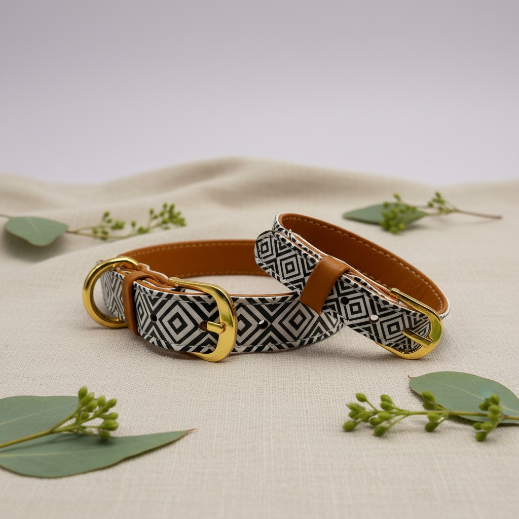 Fekete-fehér mintás Wilix vegán bőr nyakörv és hozzá illő karkötő natúr vásznon, eukaliptusz levelekkel körbevéve.